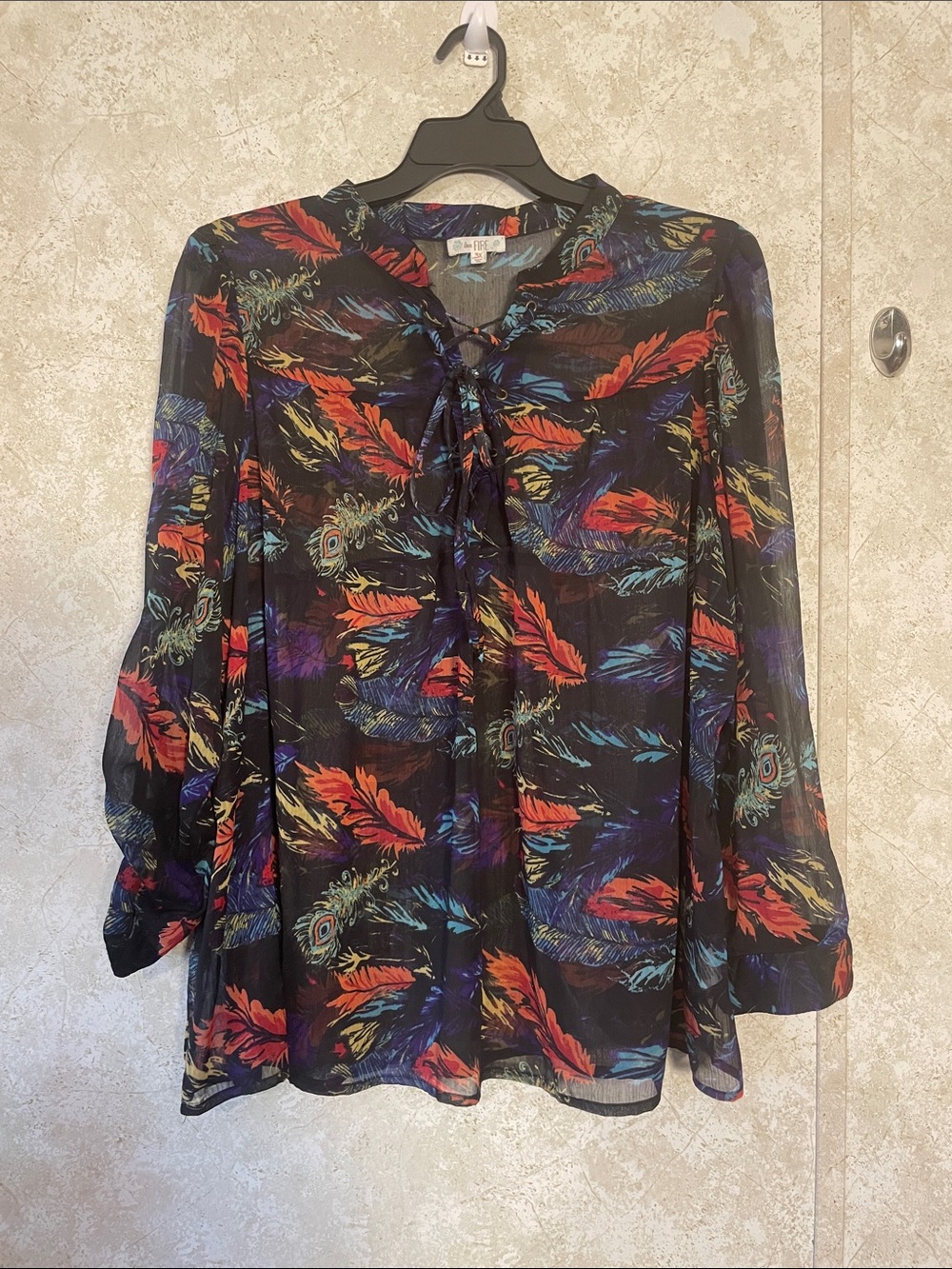 love, Fire Black Sheer Tie-Neck Blouse with Multicolor Feather Print